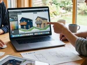 住宅のカラーシミュレーションで色の確認をしてる様子